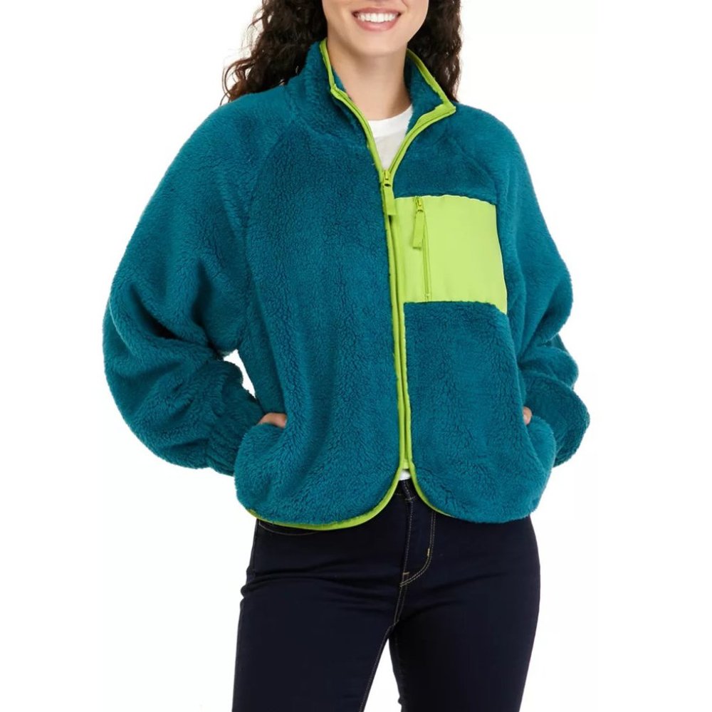 love, Fire Womens Balloon Sleeve Zip Up Plush Jacket Shaded Spruce Size L